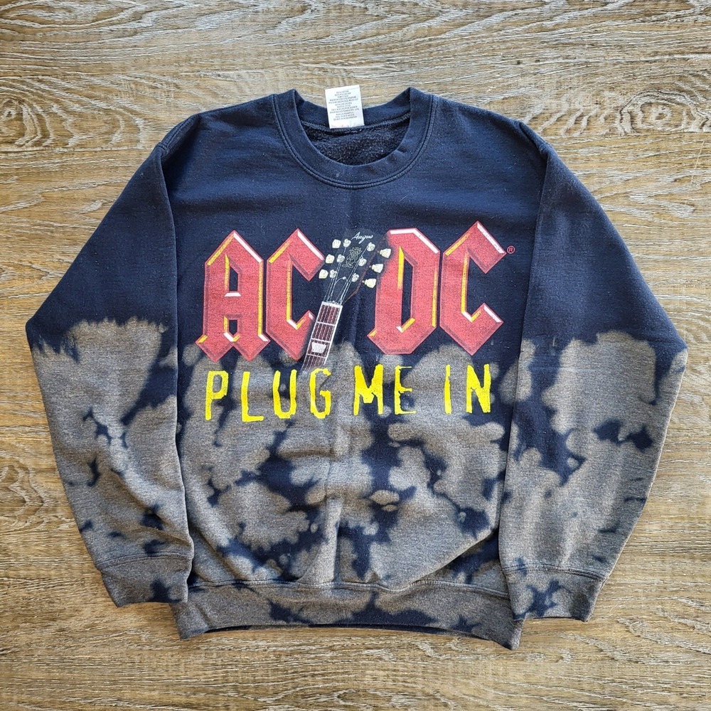 AC/DC Plug Me In Bleach Wash Graphic Crewneck Sweatshirt Black Mens Small 2015